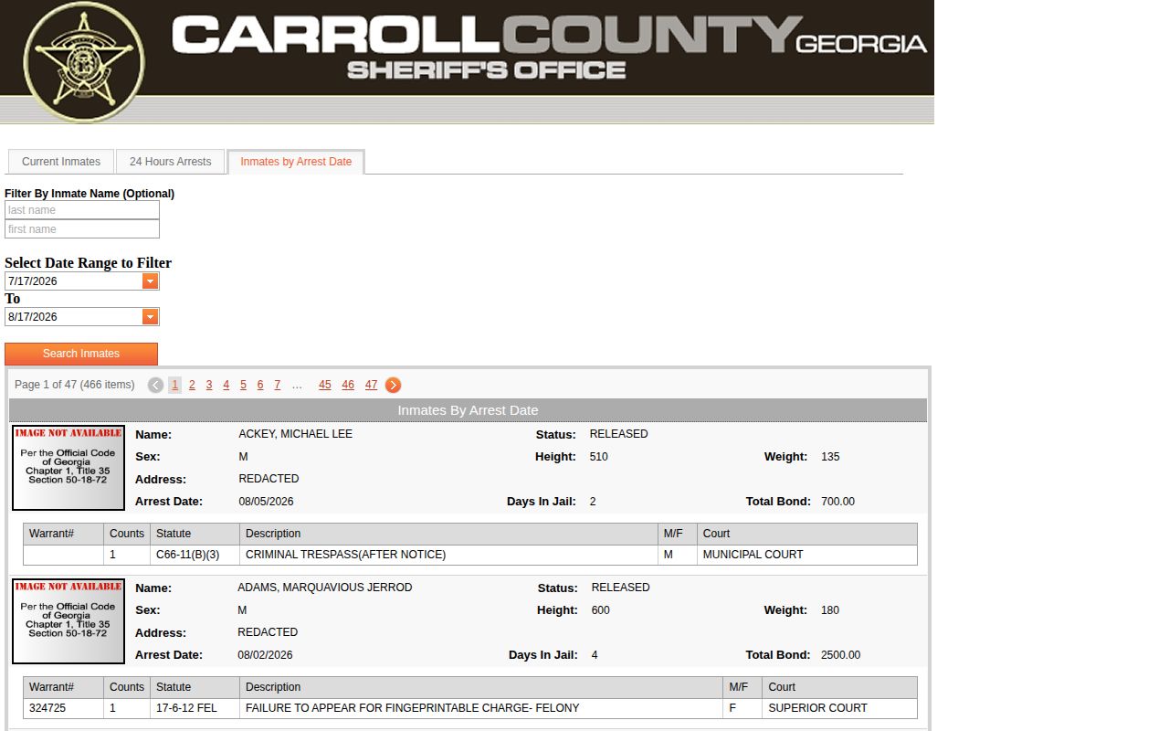 Carroll County arrest-date booking and release search interface