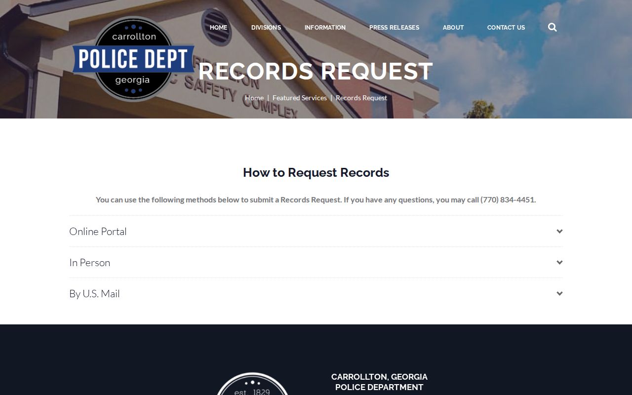 Carrollton Police Department records request interface for arrest records